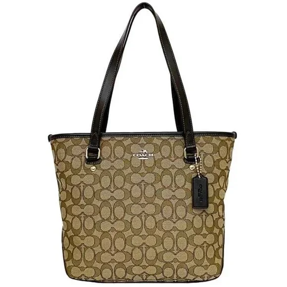 Euc Coach Gallery Khaki Jacquard Zip Top Shoulder Bag Purse - Picture 1 of 15